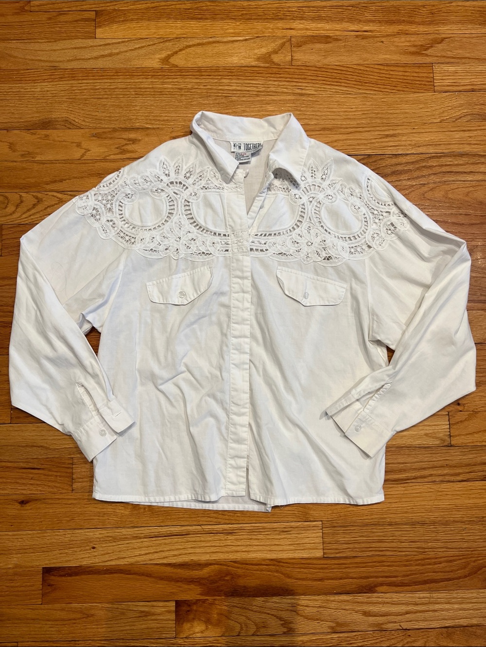 Vintage White 100% Cotton Button-Down Shirt with Beautiful Open Lace Detail